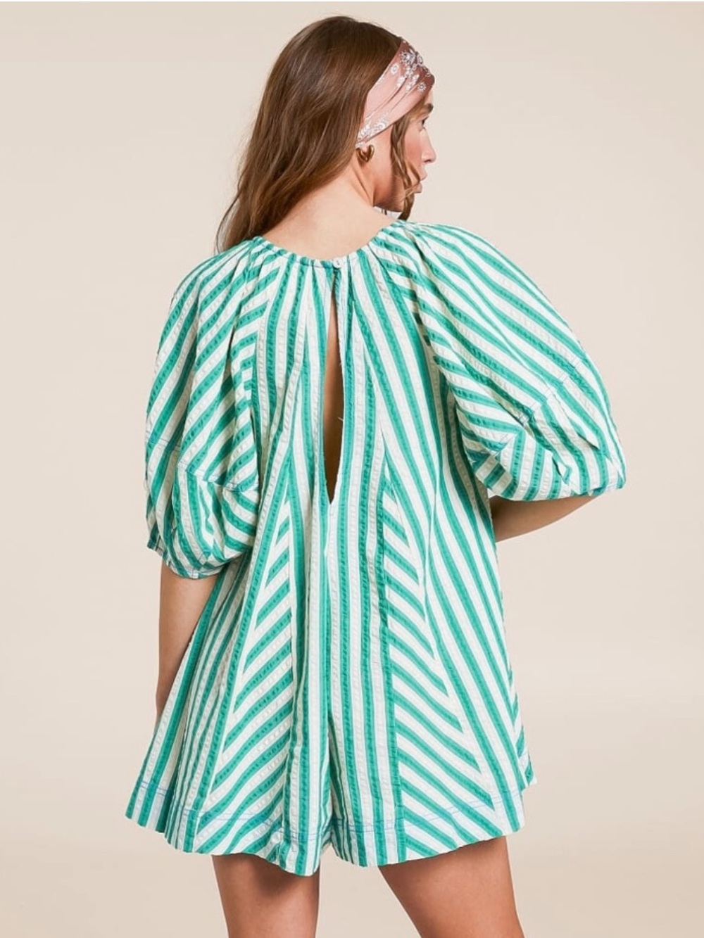 Free People Bop Around Romper -Green & cream Striped small - Picture 4 of 7